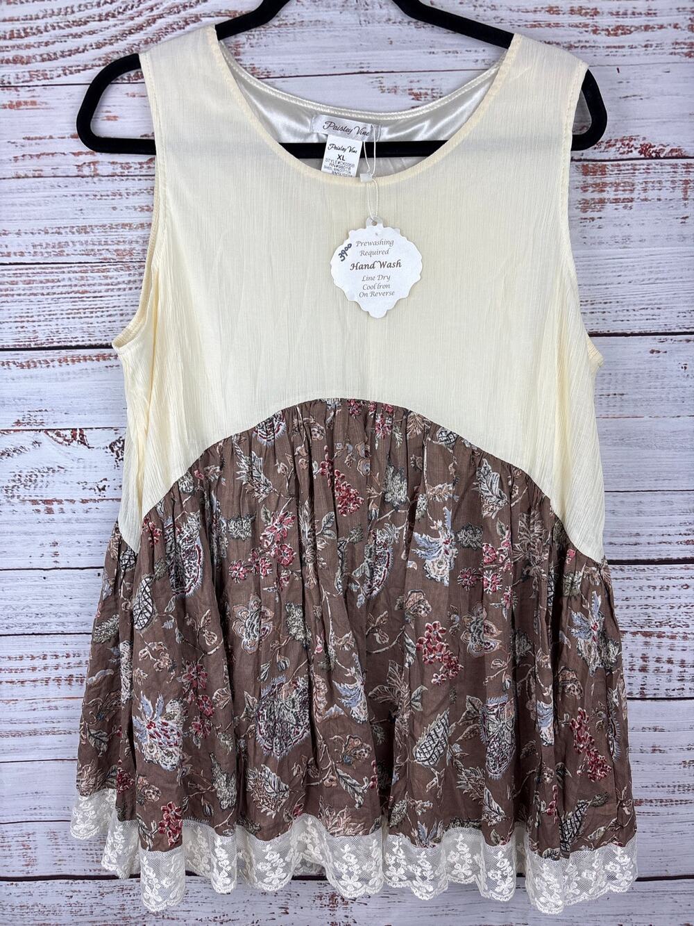 NWT Paisley Vine Cream Brown Paisley Flowy Sleeveless Tunic Top Boho Womens XL